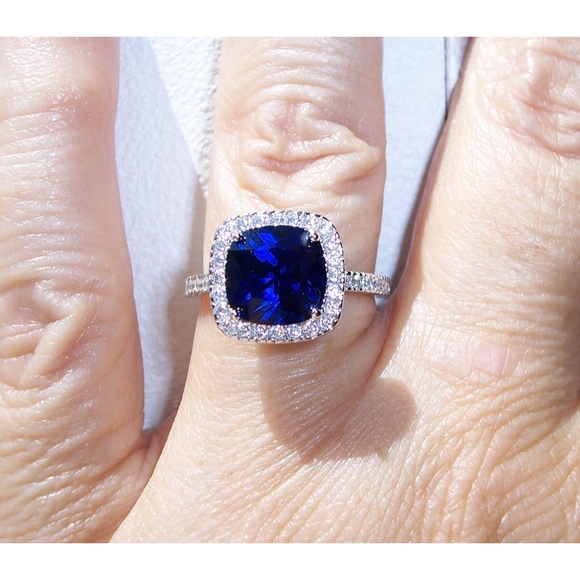 925 STERLING SILVER Cushion Cut Blue Spinel & Cubic Zirconia Halo Ring - Picture 6 of 16